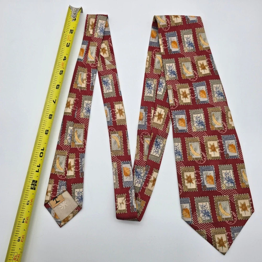 Tommy Bahama Mens Silk Tie Burgundy Red Tropical Postage Stamp Island Theme